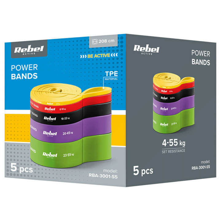set 5 benzi elastice tpe power band 4-55kg rebel active