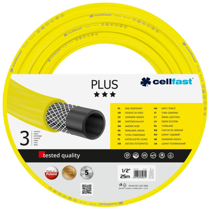 furtun pentru gradina cellfast plus cu 3 straturi, 1 2  , armat, 25m, protectie uv