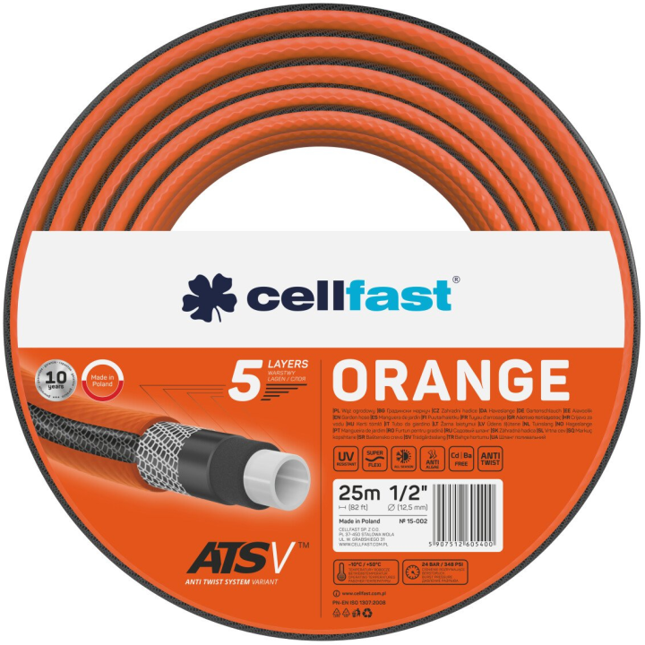 furtun pentru gradina cellfast orange cu 5 straturi, 1 2  , armat, 25m, protectie uv, antirasucire