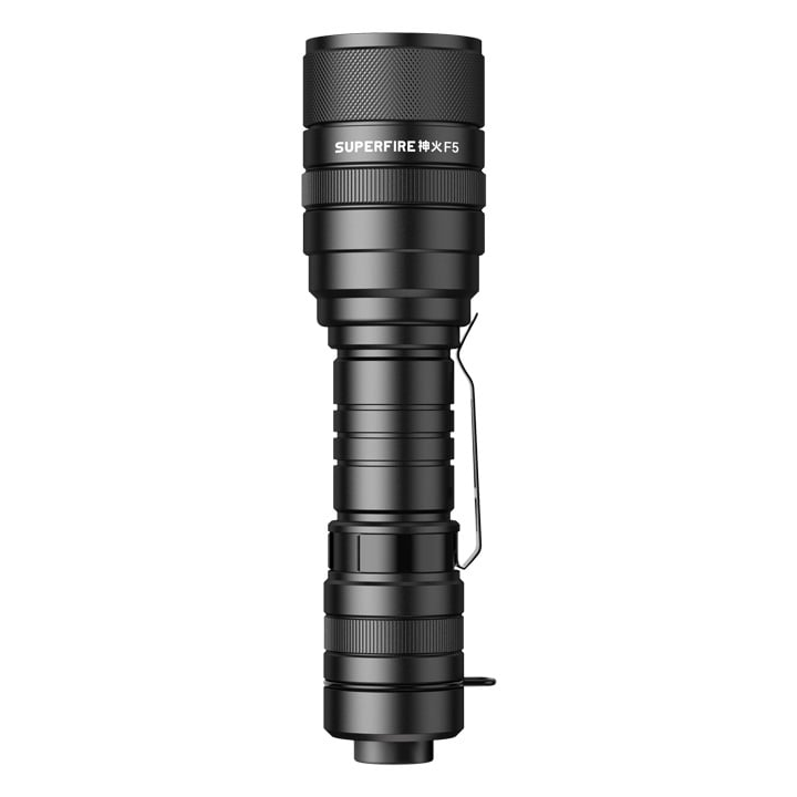 lanterna led superfire f5 cu zoom, 10w, 1100 lm, 5 moduri, rezistenta la apa, incarcare usb, negru