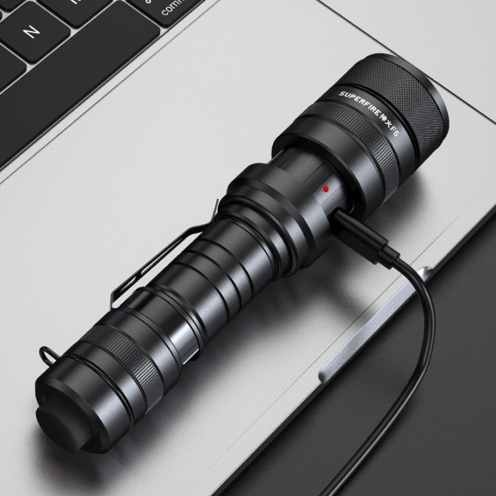 lanterna led superfire f5 cu zoom, 10w, 1100 lm, 5 moduri, rezistenta la apa, incarcare usb, negru