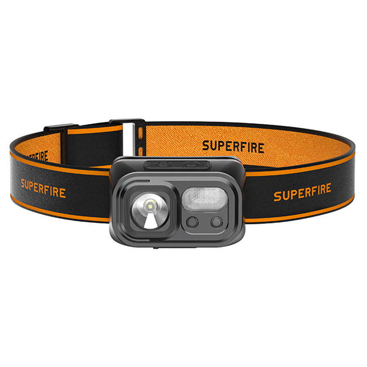 lanterna led pentru cap superfire hl23, 220lm, 120m, 800mah, lumina rosie, incarcare usb-c, control miscare