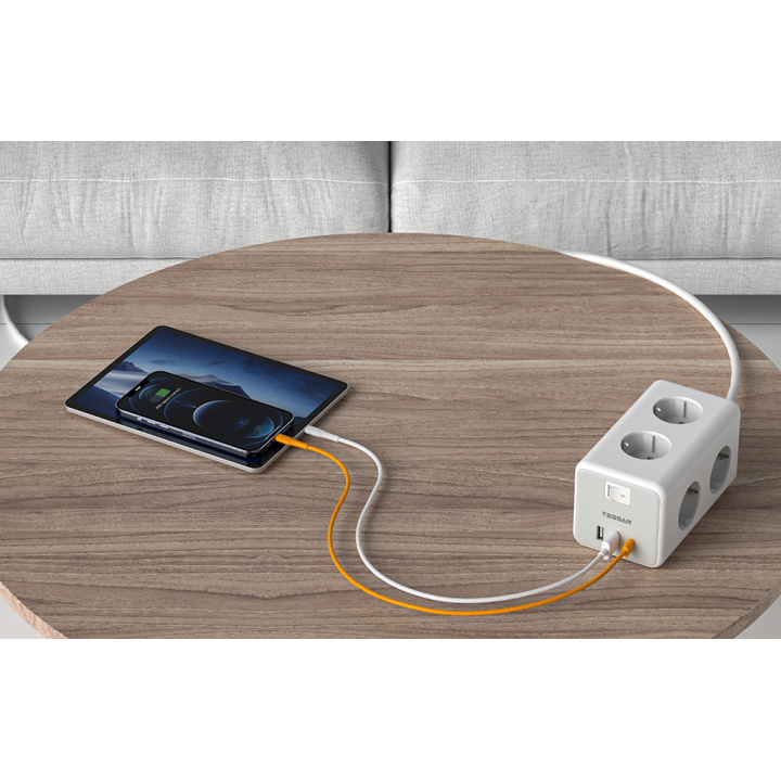 prelungitor tip cub tessan ts-306-c, 6 prize, 2 usb, 1 usb-c, 3a, cablu 2m