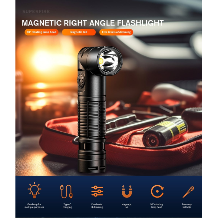 lanterna multifunctionala led supfire g19-s, usb-c, 360lm, 160m, prindere magnetica