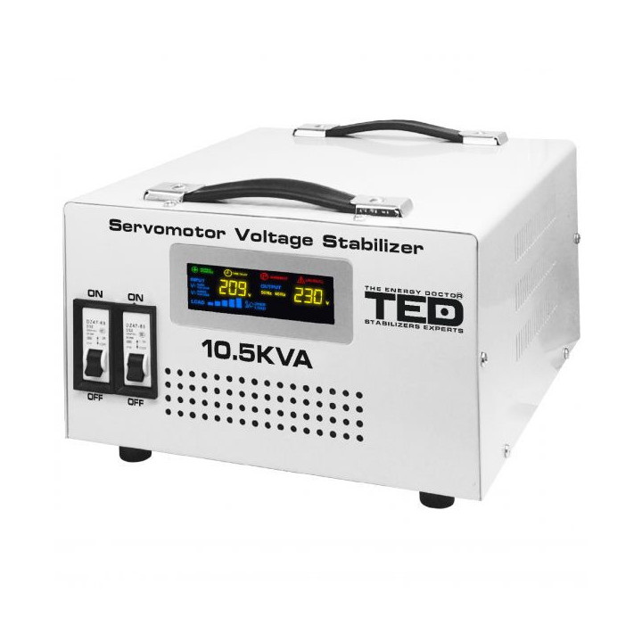 stabilizator tensiune monofazat 6kw 6000w cu servomotor si 2 iesiri schuko + ecran lcd cu valorile tensiunii, ted electric ted00