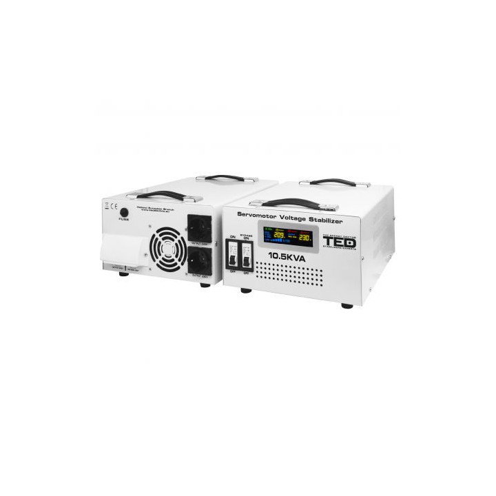 stabilizator tensiune monofazat 6kw 6000w cu servomotor si 2 iesiri schuko + ecran lcd cu valorile tensiunii, ted electric ted00