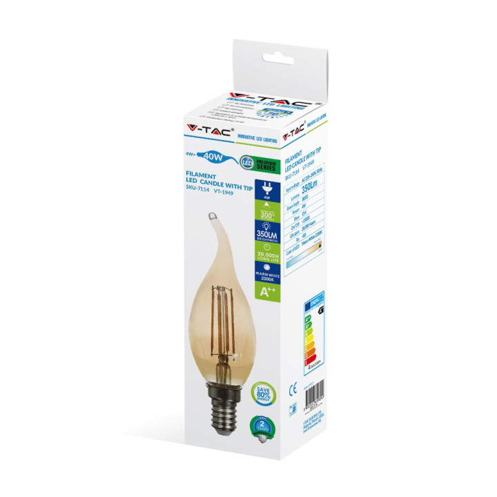 Lampi Iluminare, Bec LED - 4W Filament E14 Tip Lumânare cu flacără Amber Alb cald -9, dioda.ro