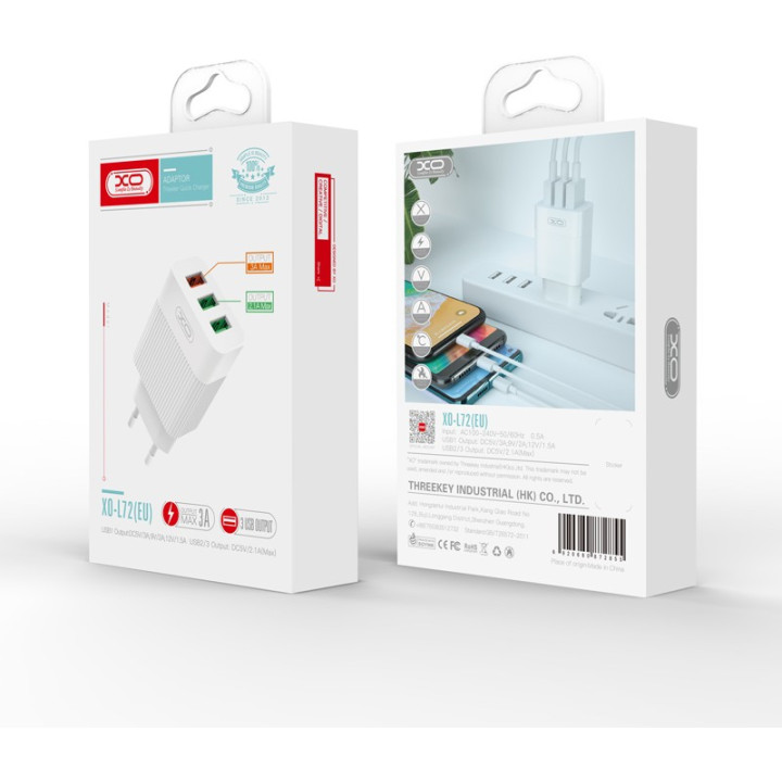 Acumulatori Baterii, Incarcator incarcare rapida XO L72 QC 18W 3x USB alb -2, dioda.ro